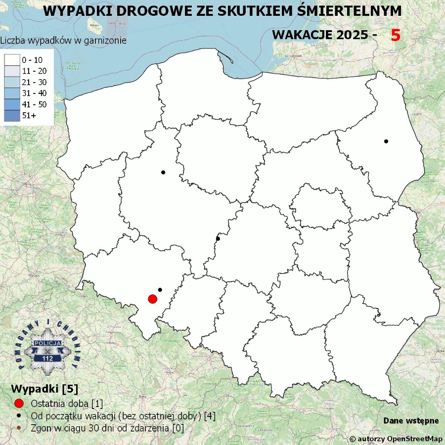 Mapa prezentująca liczbę wypadków poprzedniej doby w Polsce. Prezentowane dane są dostępne w tekście poniżej.