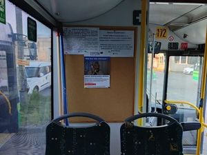 Plakat adresowany do seniorów na tablicy ogłoszeń w autobusie miejskim.