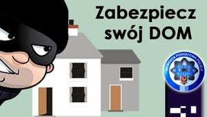 Grafika przedstawiająca dom, włamywacza, w prawym dolnym roku logo Komendy Powiatowej Policji w Bolesławcu i napis ZABEZPIECZ SWÓJ DOM.