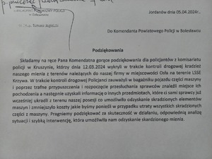 Na ręce Komendanta Powiatowego Policji w Bolesławcu wpłynęły podziękowania za skuteczność w działaniu naszych policjantów