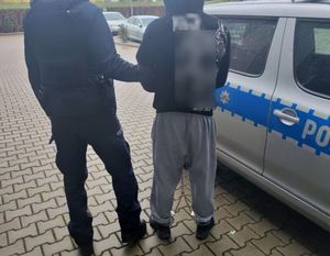 Sylwetki dwóch osób, po lewej umundurowany policjant, po prawej zatrzymany mężczyzna z założonymi kajdankami zespolonymi. w tle widoczny radiowóz, oraz inne pojazdy na parkingu.