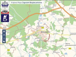 Screen przedstawiający kawałek mapy z wyróżnieniem miasta Bolesławiec pochodzący z aplikacji Krajowa Mapa Zagrożeń Bezpieczeństwa.